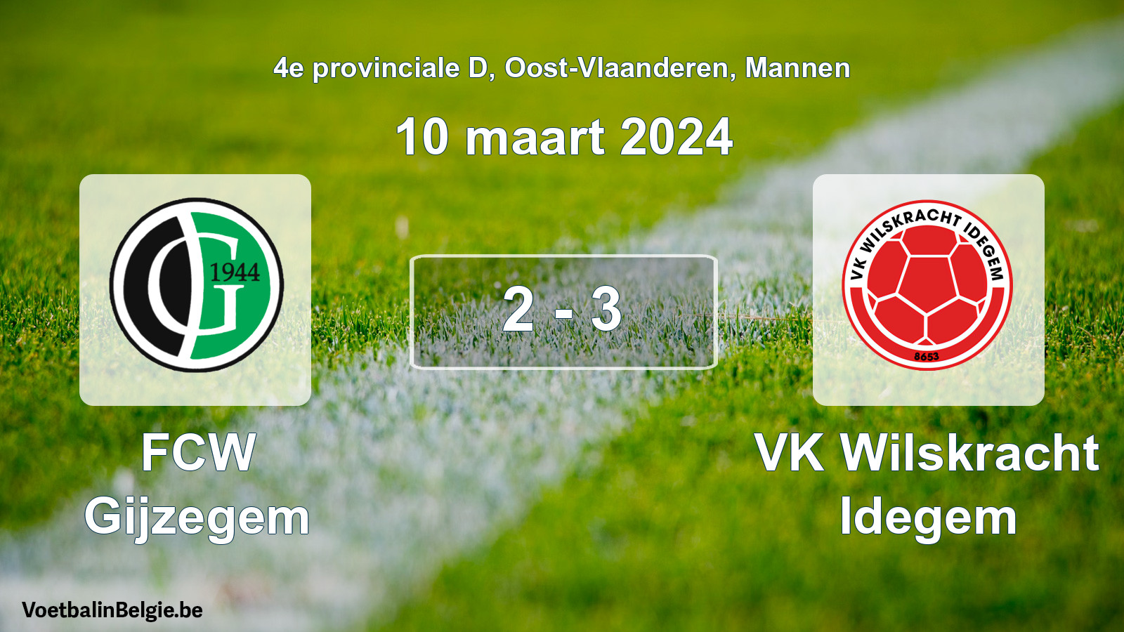 Gespeelde wedstrijd mannenvoetbal: FCW Gijzegem - VK Wilskracht Idegem 2 - 3 (10 maart 2024)