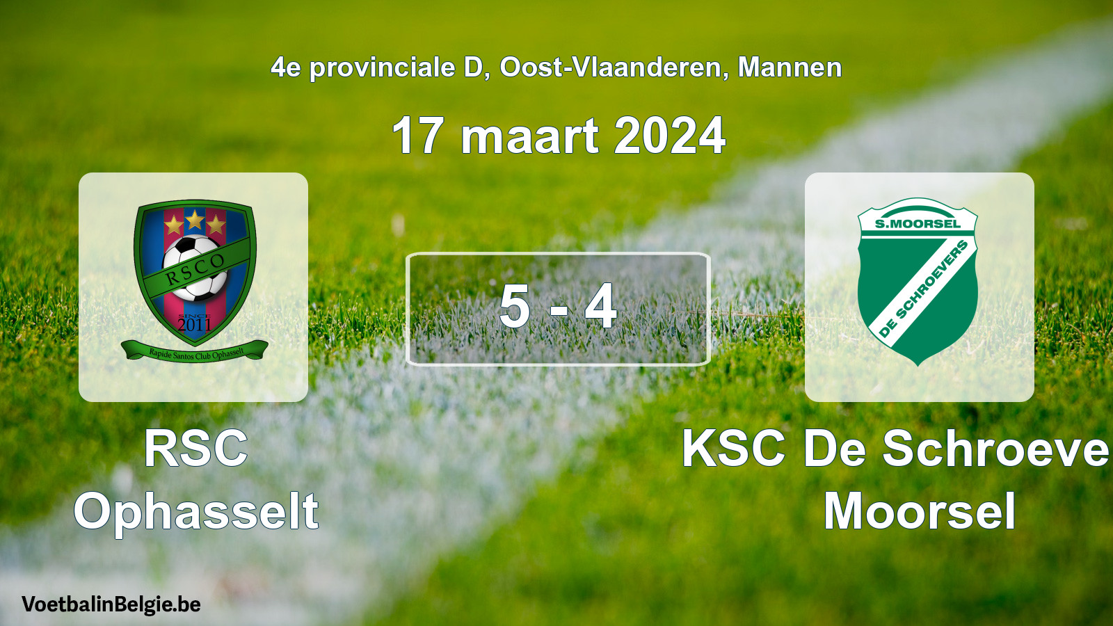 Gespeelde wedstrijd mannenvoetbal: RSC Ophasselt - KSC De Schroevers Moorsel 5 - 4 (17 maart 2024)