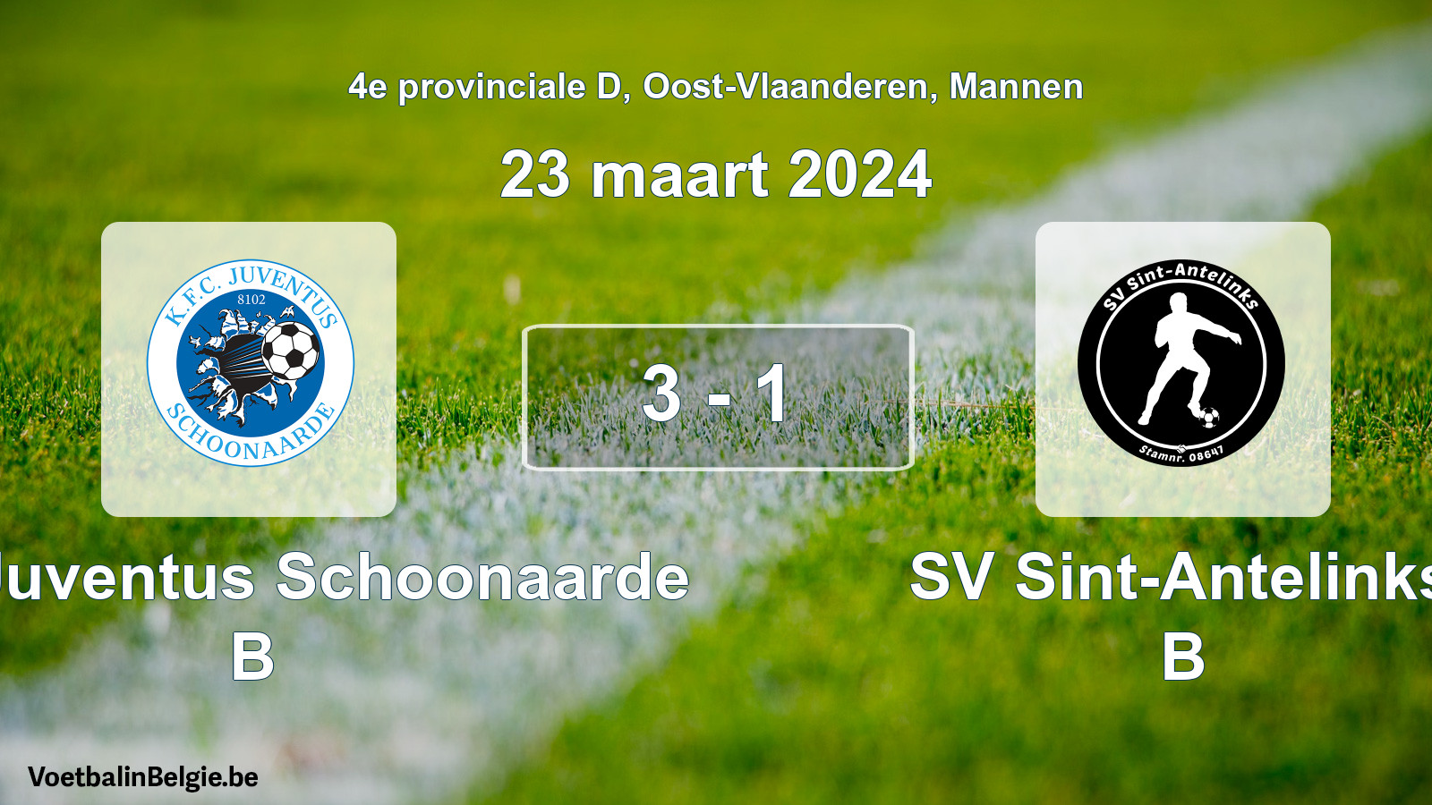 Gespeelde wedstrijd mannenvoetbal: KFC Juventus Schoonaarde B - SV Sint-Antelinks B 3 - 1 (23 maart 2024)