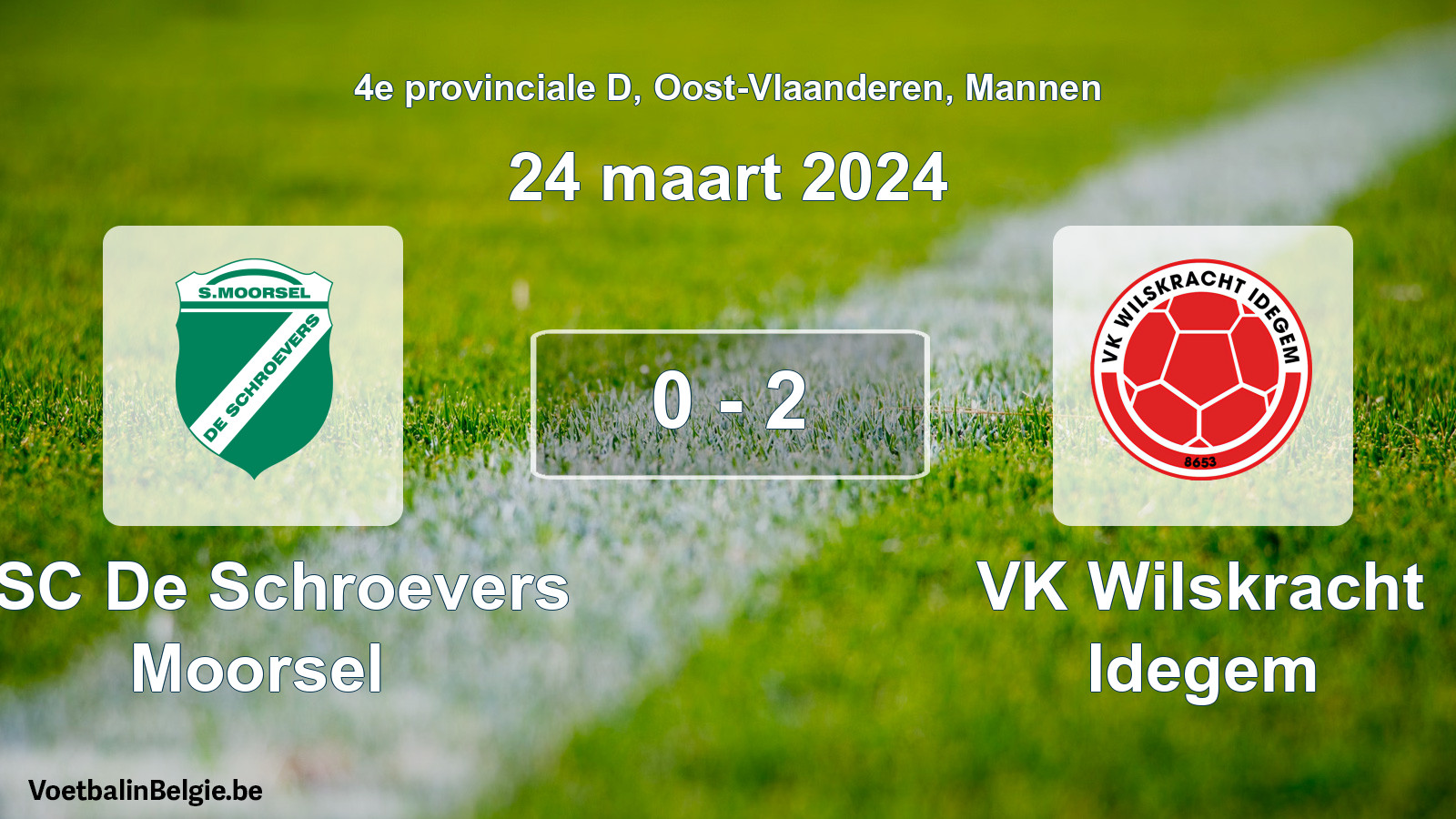 Gespeelde wedstrijd mannenvoetbal: KSC De Schroevers Moorsel - VK Wilskracht Idegem 0 - 2 (24 maart 2024)