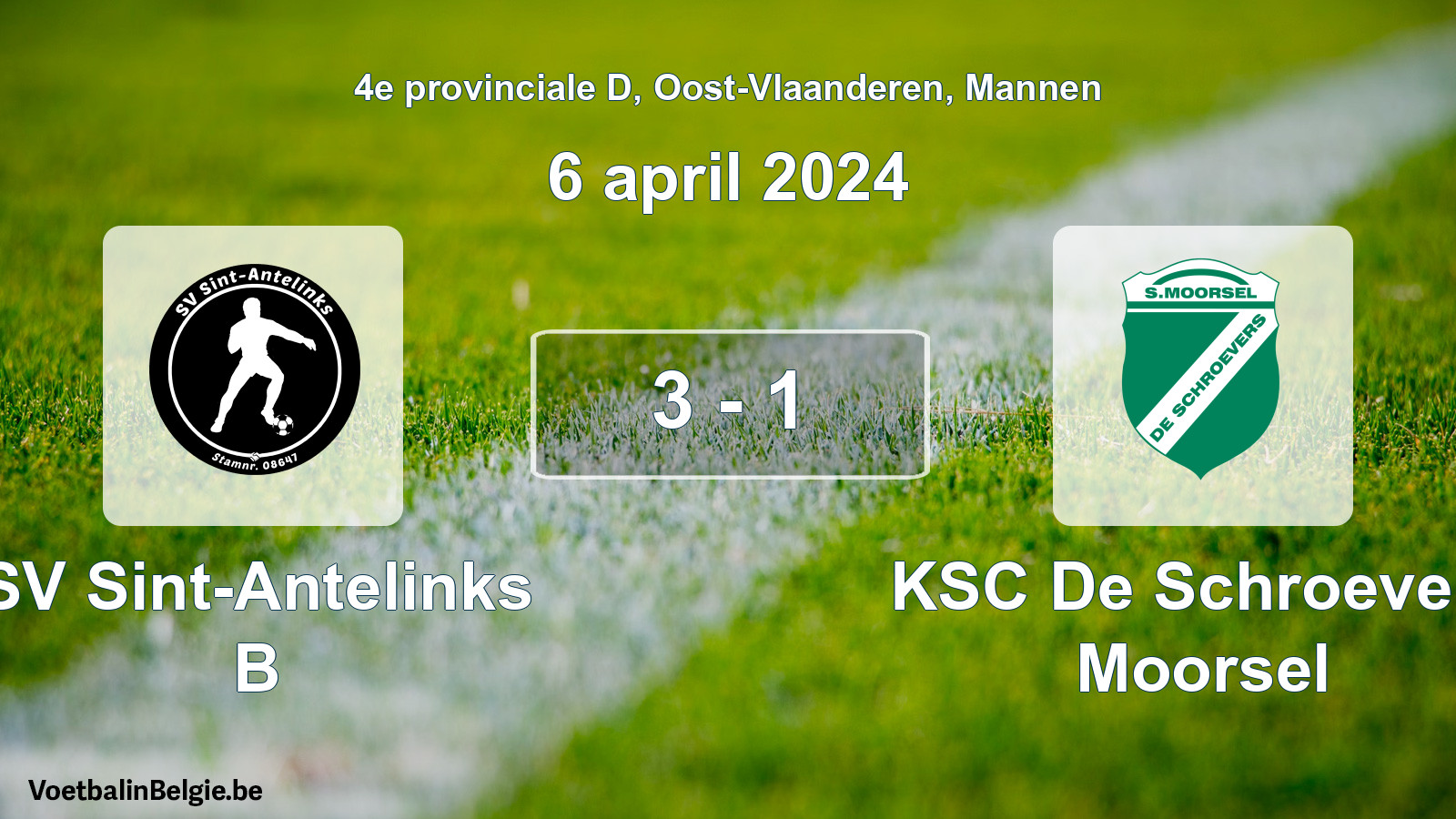 Gespeelde wedstrijd mannenvoetbal: SV Sint-Antelinks B - KSC De Schroevers Moorsel 3 - 1 (6 april 2024)