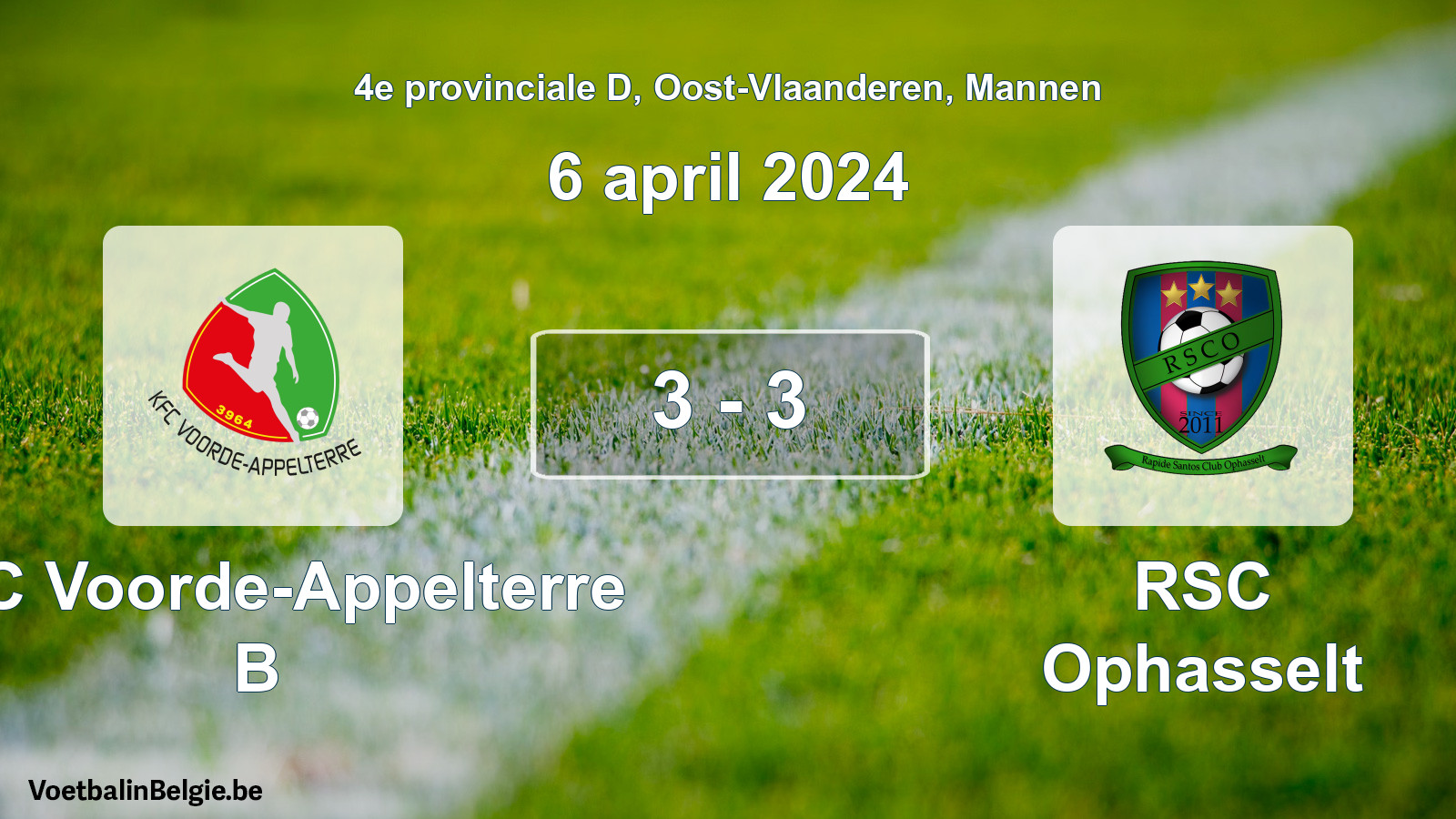 Gespeelde wedstrijd mannenvoetbal: KFC Voorde-Appelterre B - RSC Ophasselt 3 - 3 (6 april 2024)