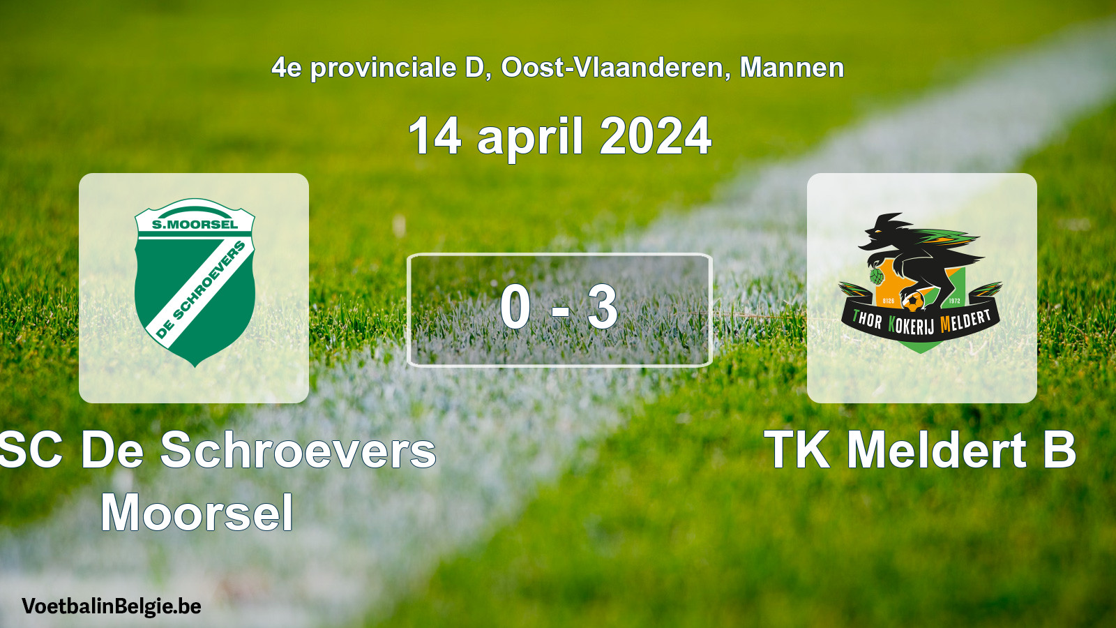 Gespeelde wedstrijd mannenvoetbal: KSC De Schroevers Moorsel - TK Meldert B 0 - 3 (14 april 2024)