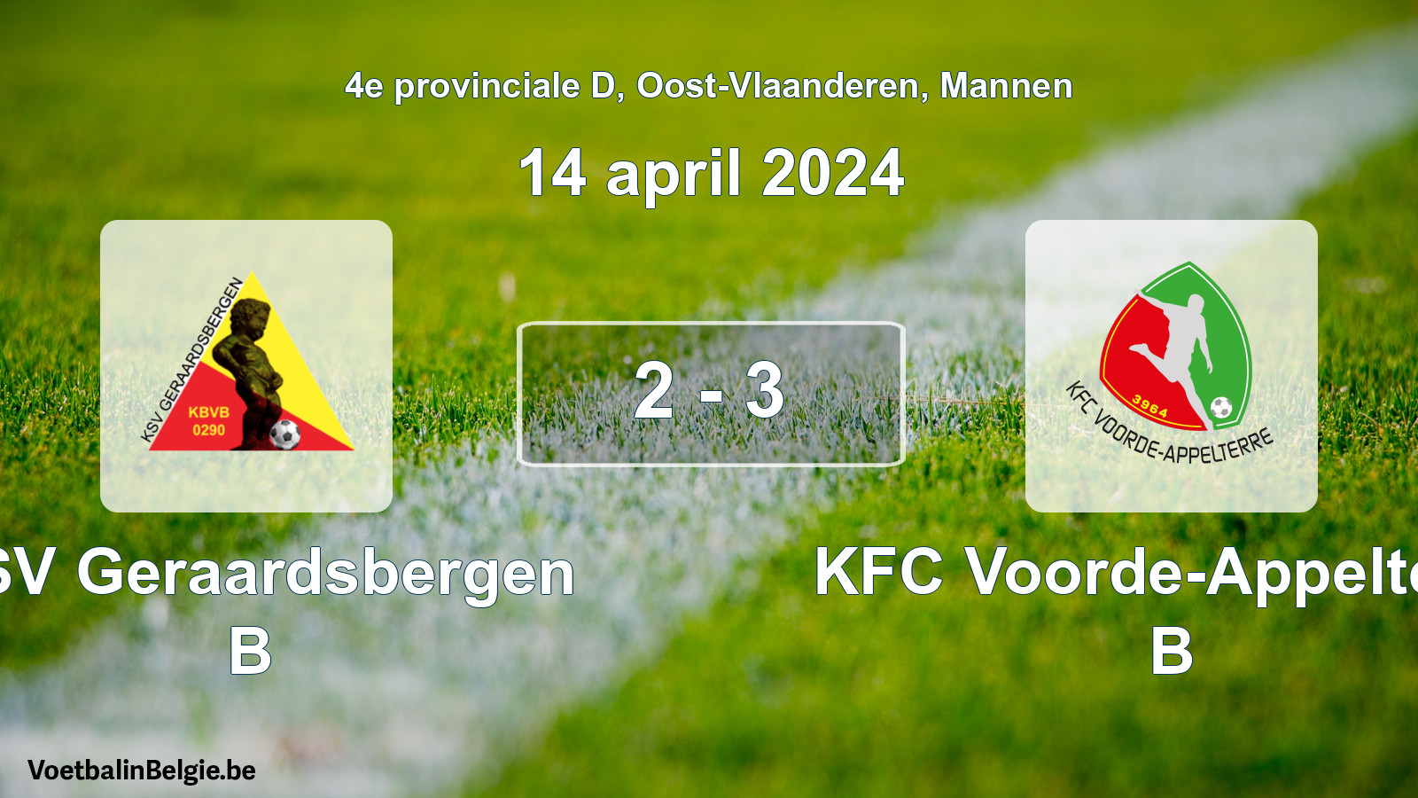 Gespeelde wedstrijd mannenvoetbal: KSV Geraardsbergen B - KFC Voorde-Appelterre B 2 - 3 (14 april 2024)