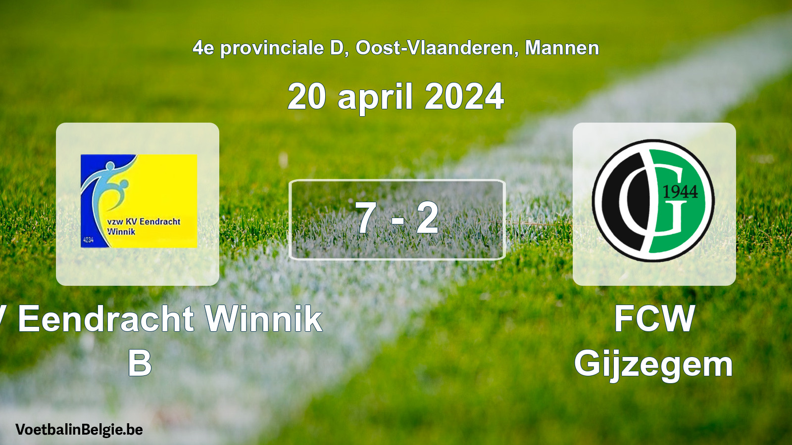 Gespeelde wedstrijd mannenvoetbal: KV Eendracht Winnik B - FCW Gijzegem 7 - 2 (20 april 2024)