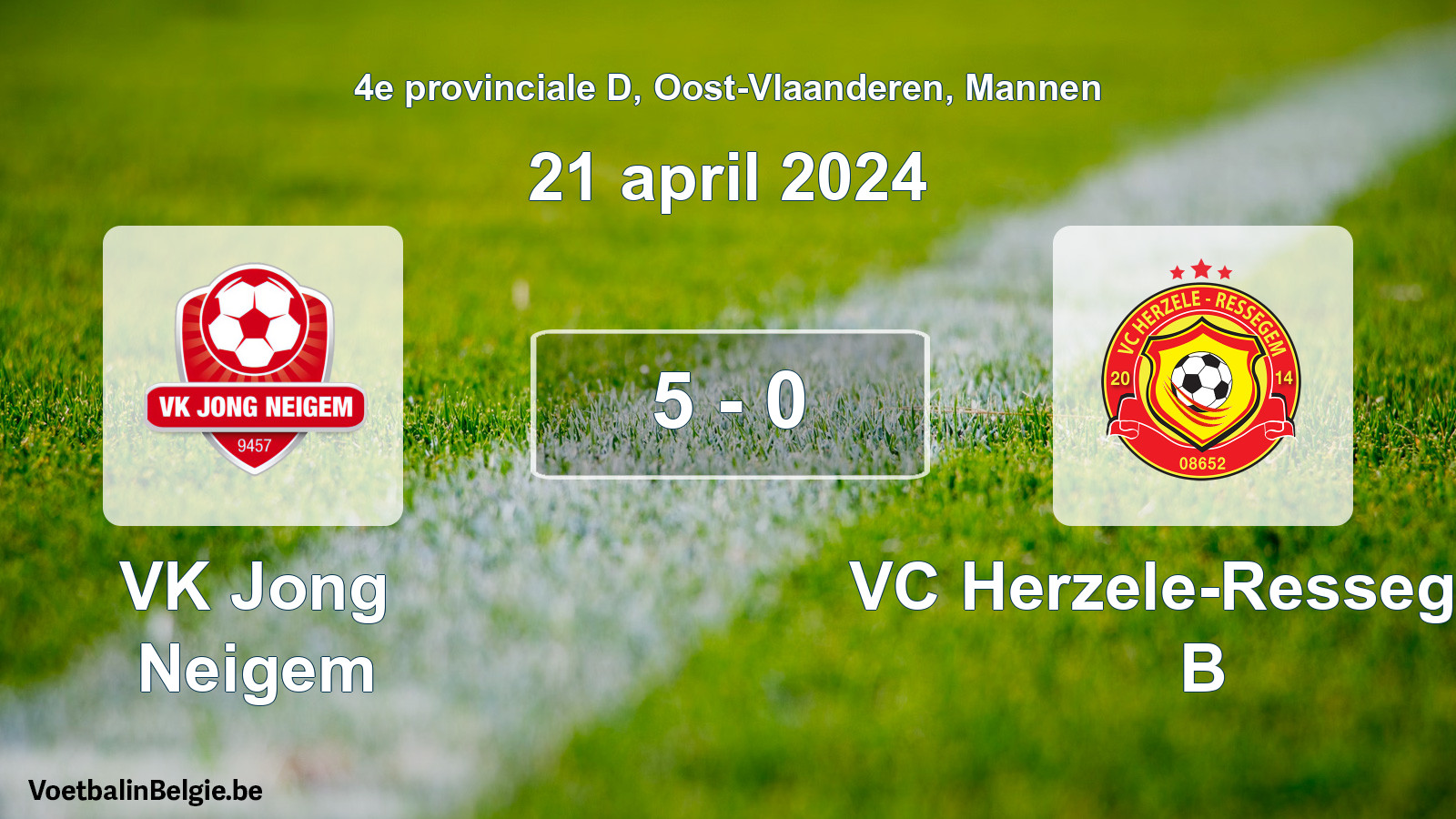 Gespeelde wedstrijd mannenvoetbal: VK Jong Neigem - VC Herzele-Ressegem B 5 - 0 (21 april 2024)