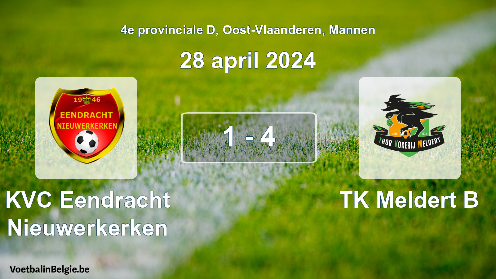 Gespeelde wedstrijd mannenvoetbal: KVC Eendracht Nieuwerkerken - TK Meldert B 1 - 4 (28 april 2024)