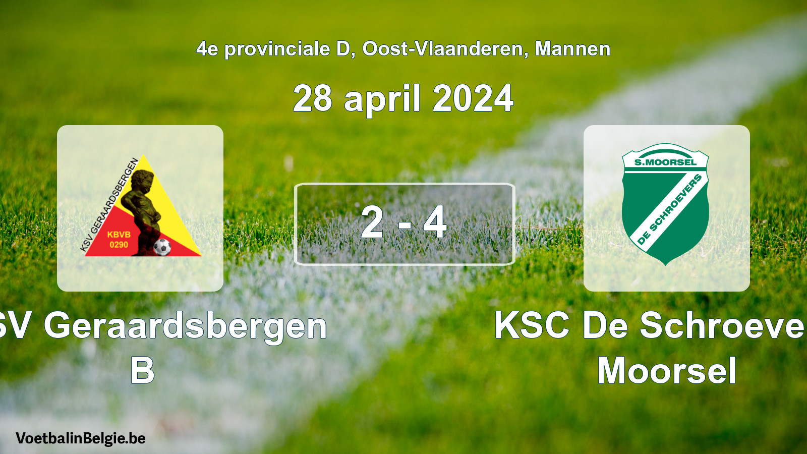 Gespeelde wedstrijd mannenvoetbal: KSV Geraardsbergen B - KSC De Schroevers Moorsel 2 - 4 (28 april 2024)