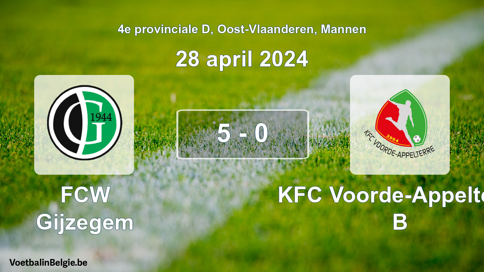 Gespeelde wedstrijd mannenvoetbal: FCW Gijzegem - KFC Voorde-Appelterre B 5 - 0 (28 april 2024)