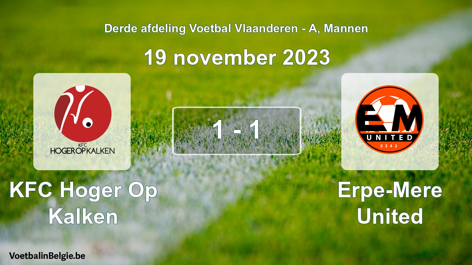 Gespeelde wedstrijd mannenvoetbal: KFC Hoger Op Kalken - Erpe-Mere United 1 - 1 (19 november 2023)