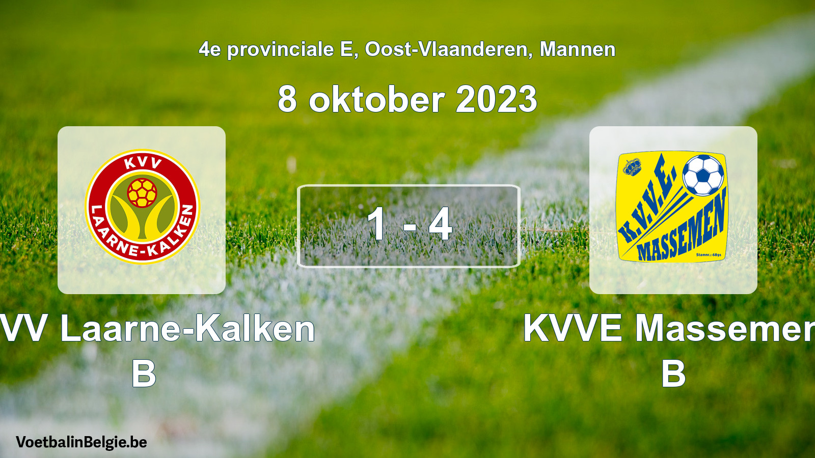 Gespeelde wedstrijd mannenvoetbal: KVV Laarne-Kalken B - KVVE Massemen B 1 - 4 (8 oktober 2023)