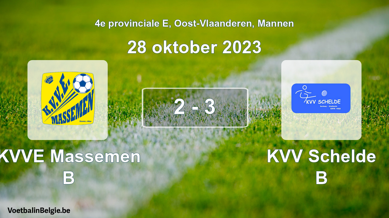 Gespeelde wedstrijd mannenvoetbal: KVVE Massemen B - KVV Schelde B 2 - 3 (28 oktober 2023)