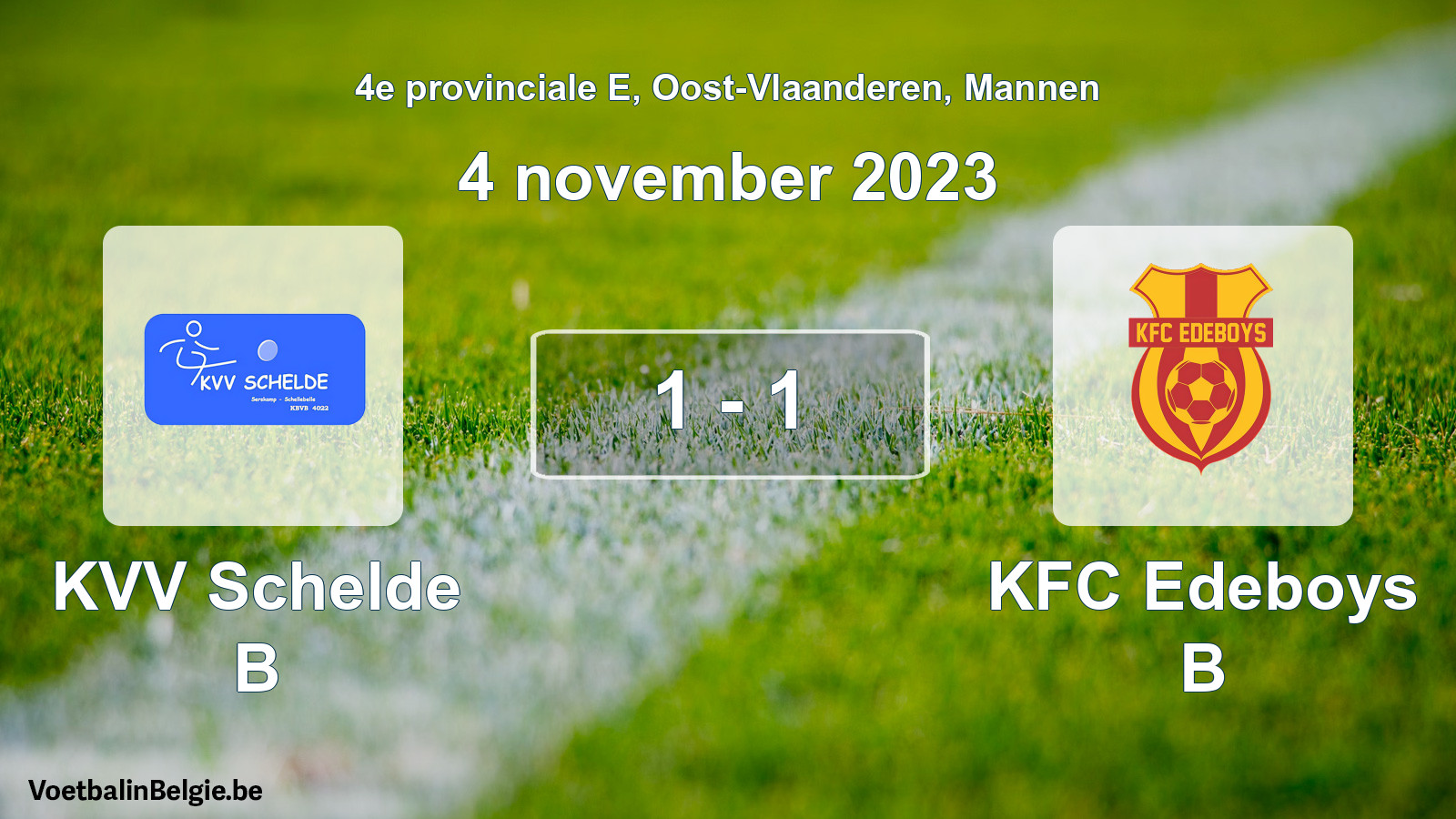 Gespeelde wedstrijd mannenvoetbal: KVV Schelde B - KFC Edeboys B 1 - 1 (4 november 2023)