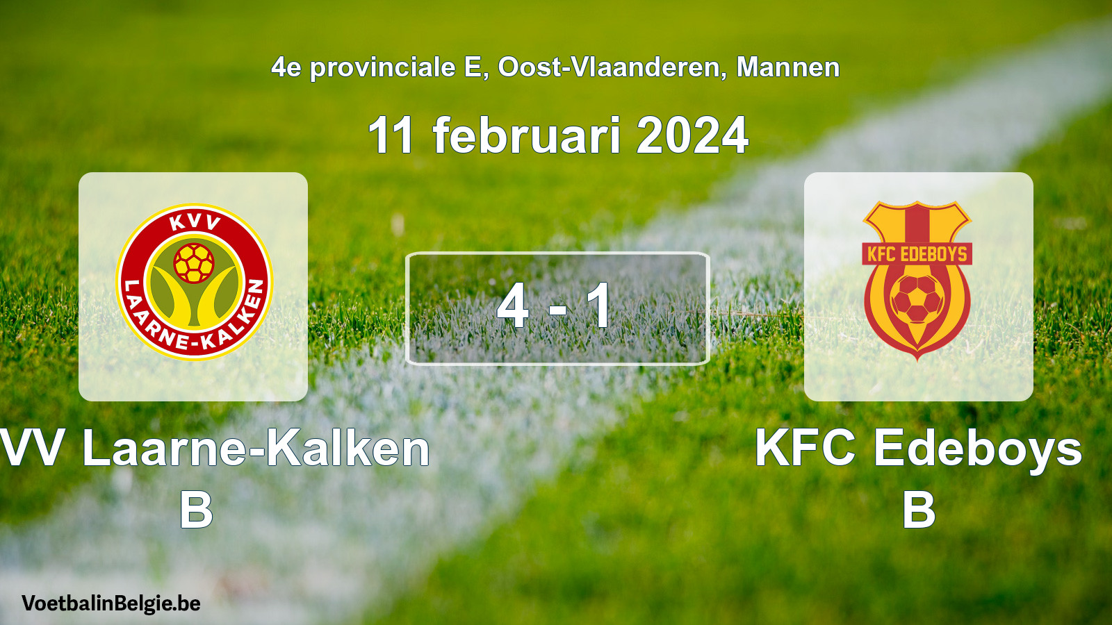 Gespeelde wedstrijd mannenvoetbal: KVV Laarne-Kalken B - KFC Edeboys B 4 - 1 (11 februari 2024)