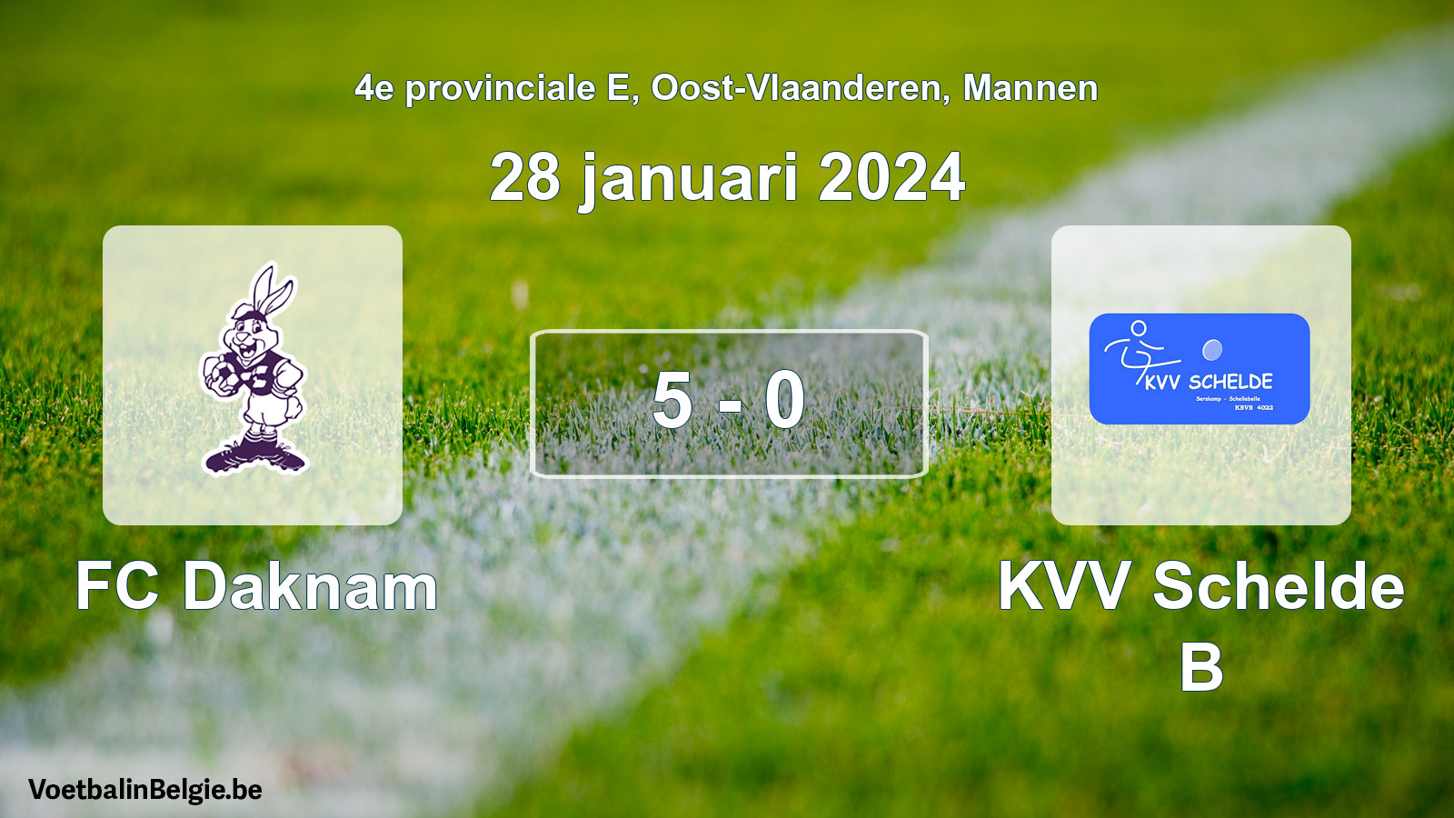 Gespeelde wedstrijd mannenvoetbal: FC Daknam - KVV Schelde B 5 - 0 (28 januari 2024)