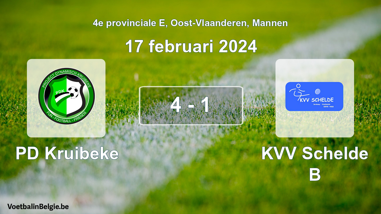 Gespeelde wedstrijd mannenvoetbal: PD Kruibeke - KVV Schelde B 4 - 1 (17 februari 2024)