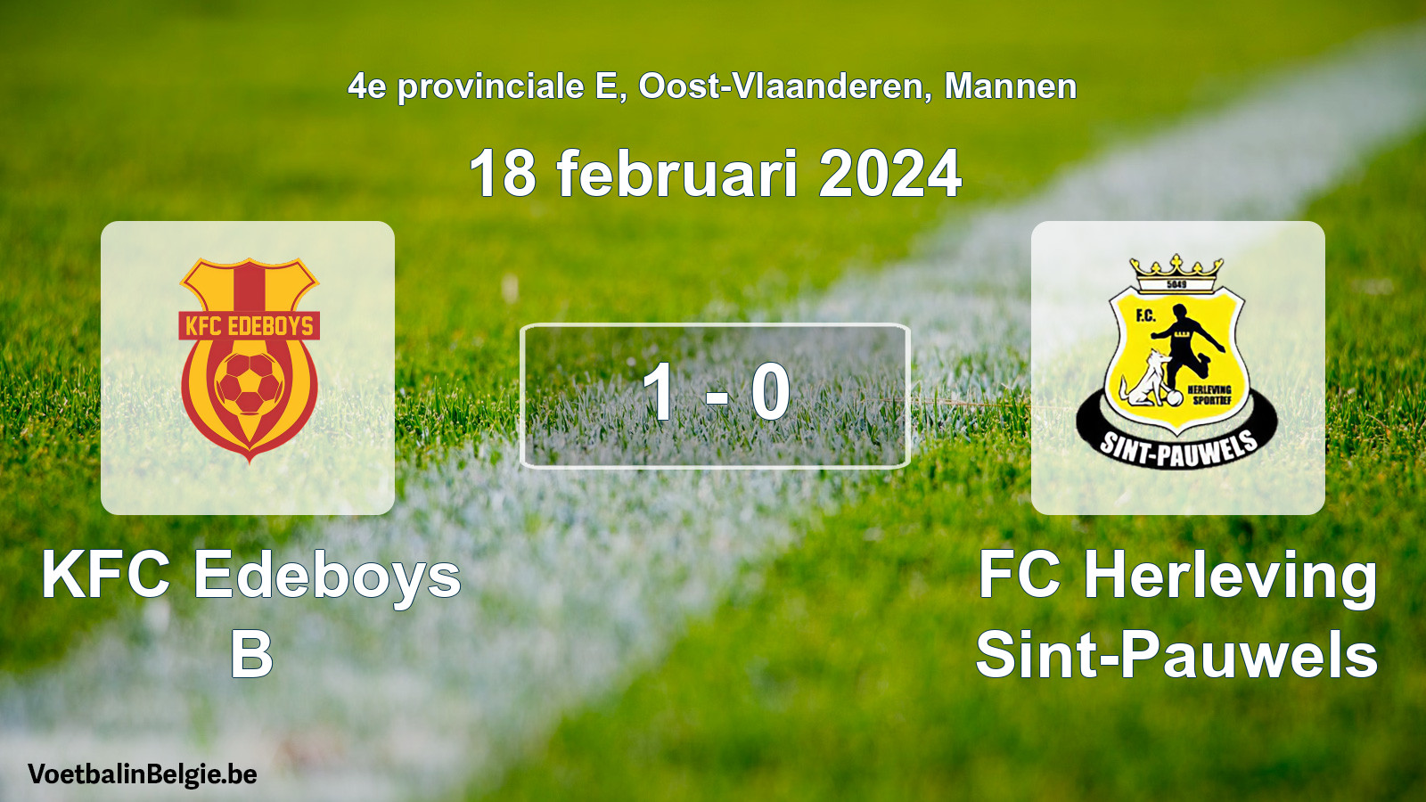 Gespeelde wedstrijd mannenvoetbal: KFC Edeboys B - FC Herleving Sint-Pauwels 1 - 0 (18 februari 2024)