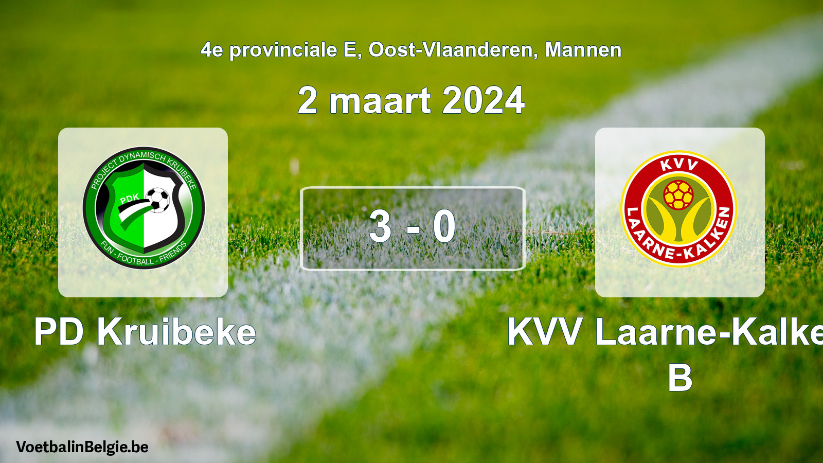 Gespeelde wedstrijd mannenvoetbal: PD Kruibeke - KVV Laarne-Kalken B 3 - 0 (2 maart 2024)