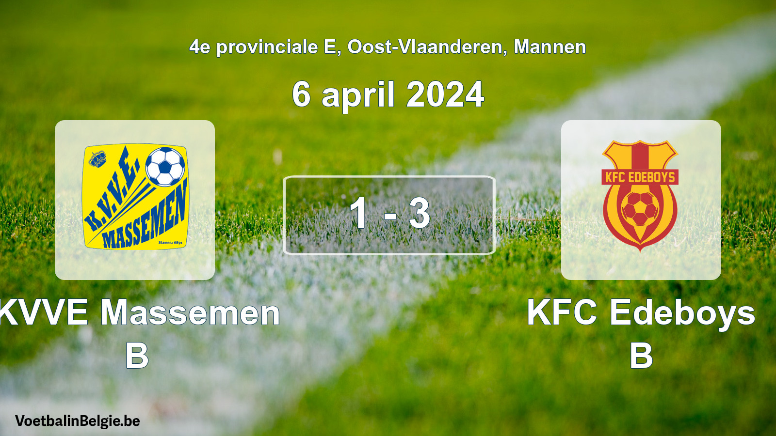 Gespeelde wedstrijd mannenvoetbal: KVVE Massemen B - KFC Edeboys B 1 - 3 (6 april 2024)