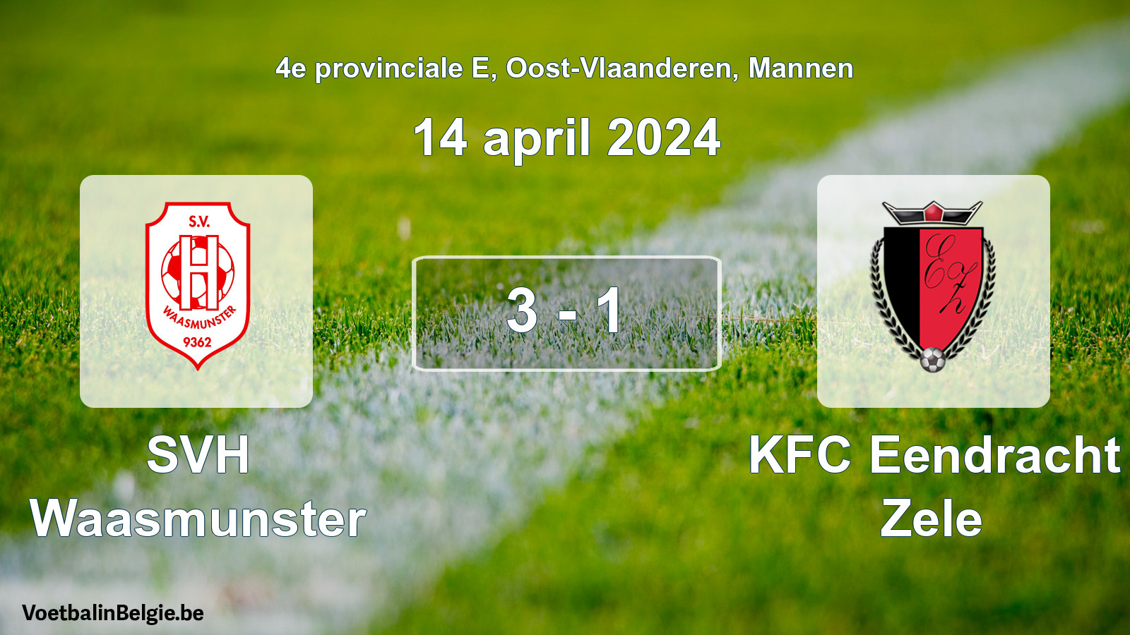 Gespeelde wedstrijd mannenvoetbal: SVH Waasmunster - KFC Eendracht Zele 3 - 1 (14 april 2024)