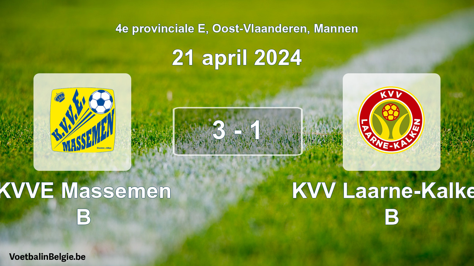 Gespeelde wedstrijd mannenvoetbal: KVVE Massemen B - KVV Laarne-Kalken B 3 - 1 (21 april 2024)