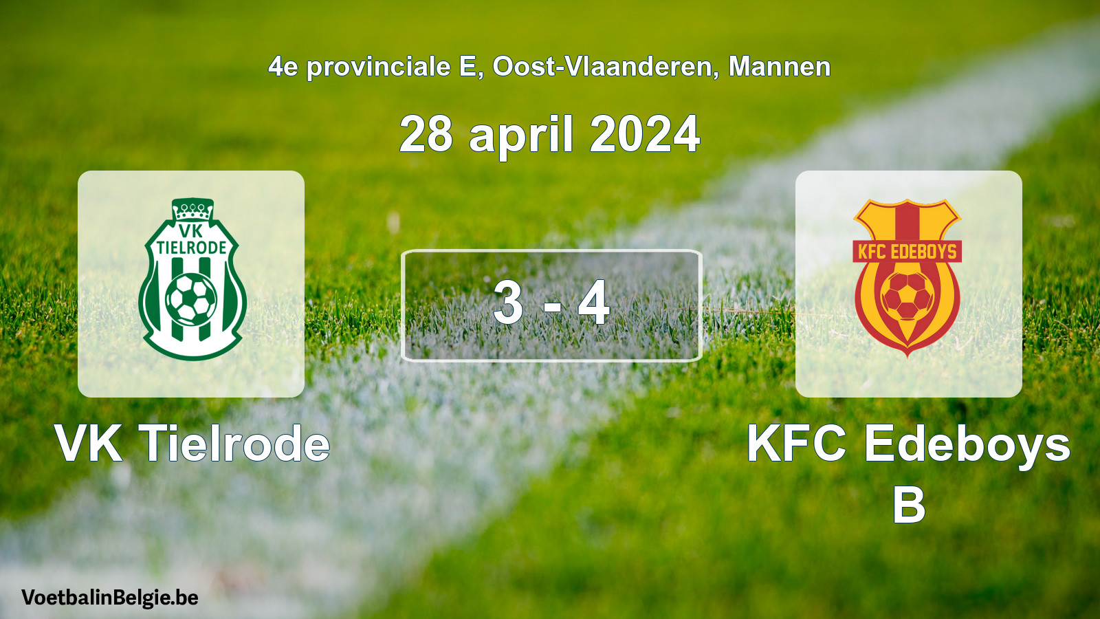 Gespeelde wedstrijd mannenvoetbal: VK Tielrode - KFC Edeboys B 3 - 4 (28 april 2024)