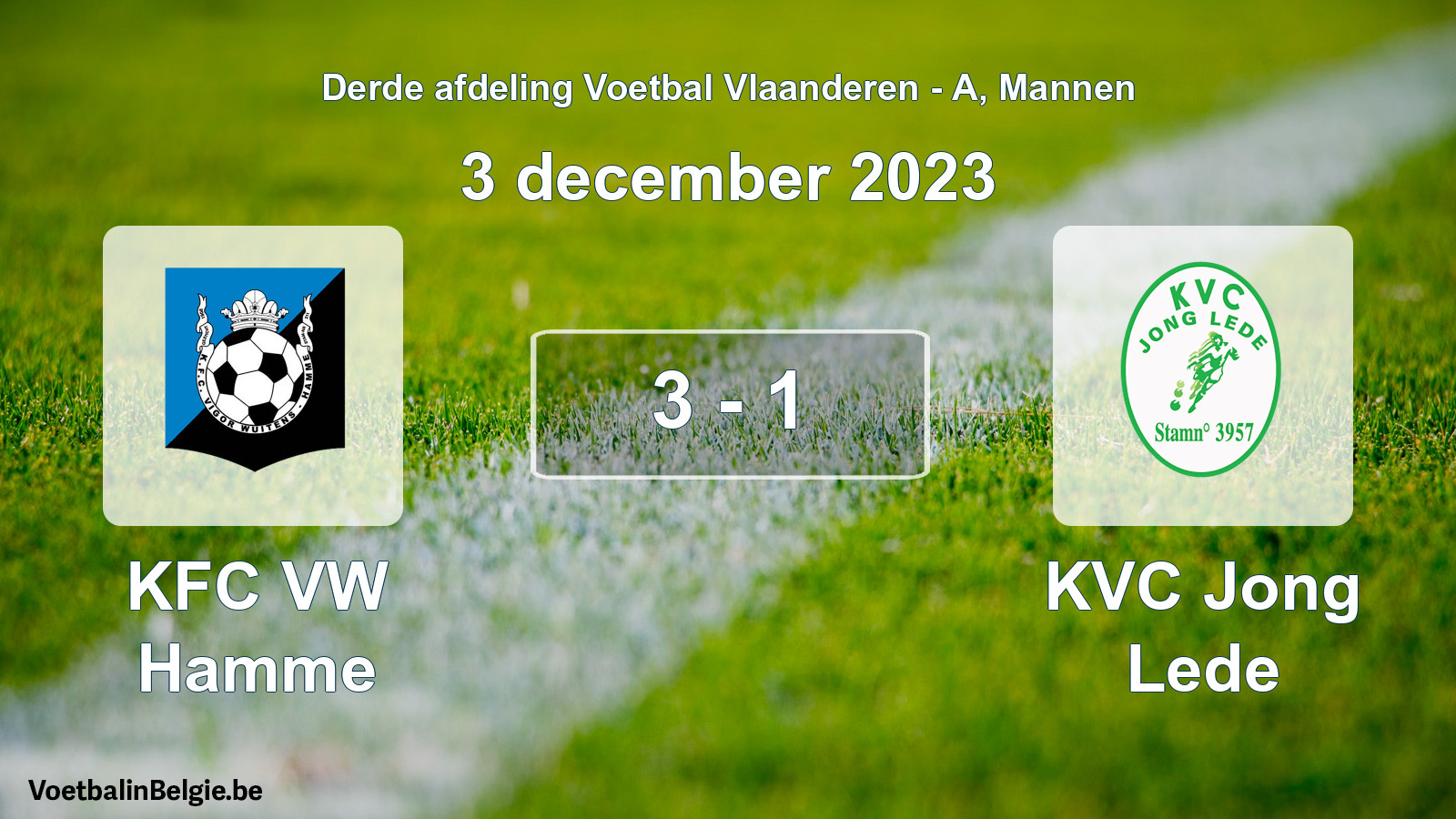 Gespeelde wedstrijd mannenvoetbal: KFC VW Hamme - KVC Jong Lede 3 - 1 (3 december 2023)