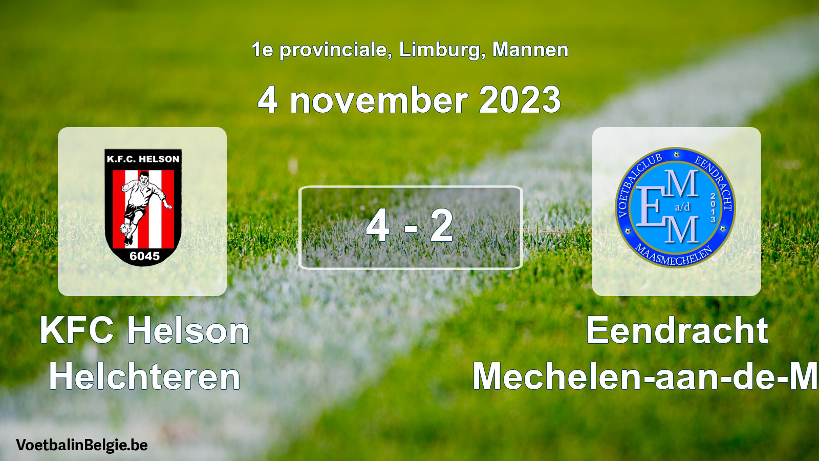 Gespeelde wedstrijd mannenvoetbal: KFC Helson Helchteren - Eendracht Mechelen-aan-de-Maas 4 - 2 (4 november 2023)