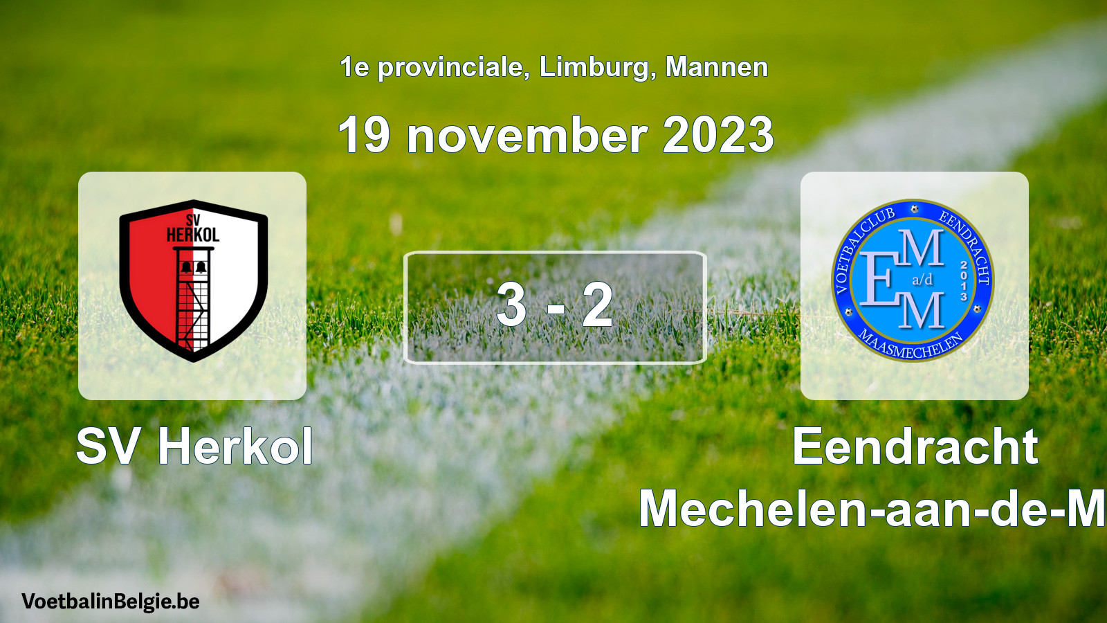 Gespeelde wedstrijd mannenvoetbal: SV Herkol - Eendracht Mechelen-aan-de-Maas 3 - 2 (19 november 2023)