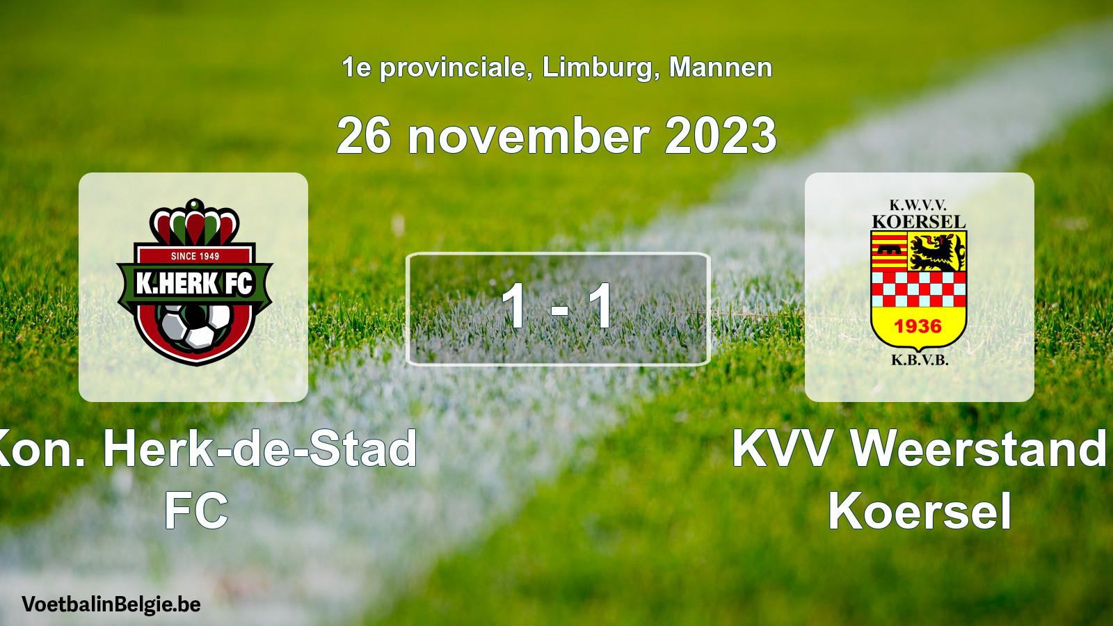 Gespeelde wedstrijd mannenvoetbal: Kon. Herk-de-Stad FC - KVV Weerstand Koersel 1 - 1 (26 november 2023)