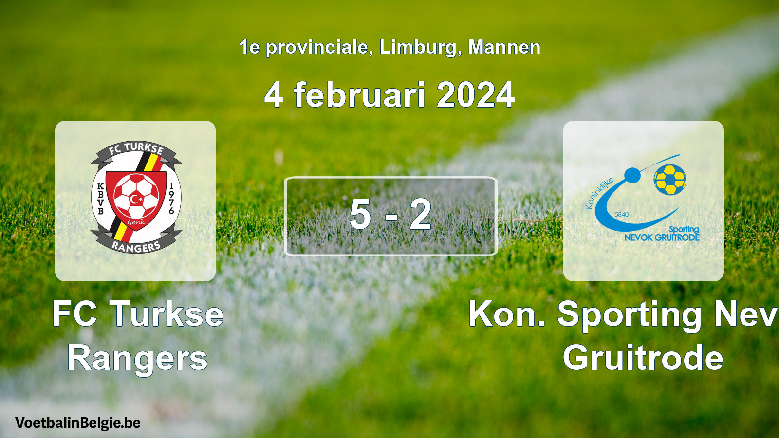 Gespeelde wedstrijd mannenvoetbal: FC Turkse Rangers - Kon. Sporting Nevok Gruitrode 5 - 2 (4 februari 2024)