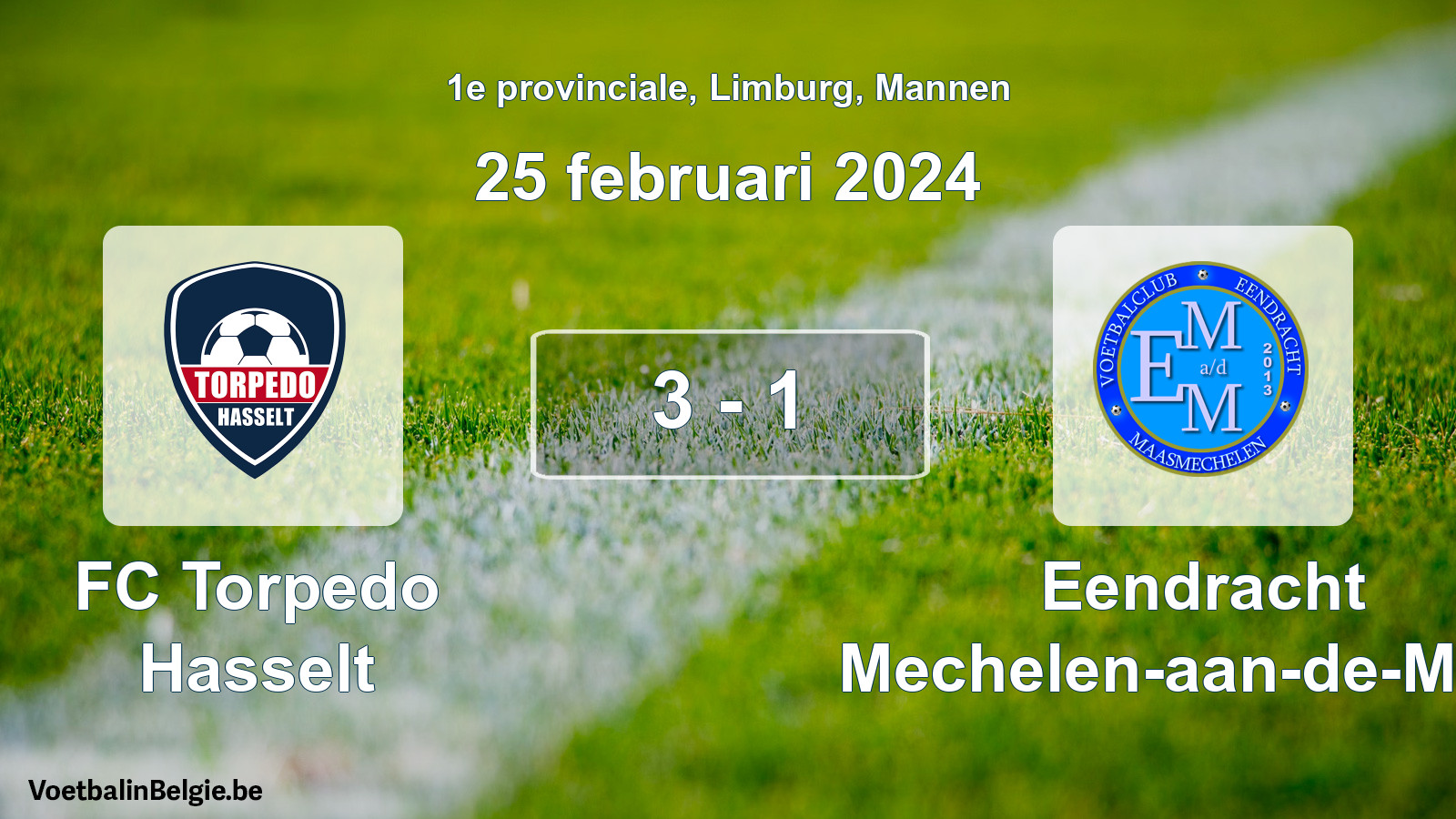 Gespeelde wedstrijd mannenvoetbal: FC Torpedo Hasselt - Eendracht Mechelen-aan-de-Maas 3 - 1 (25 februari 2024)