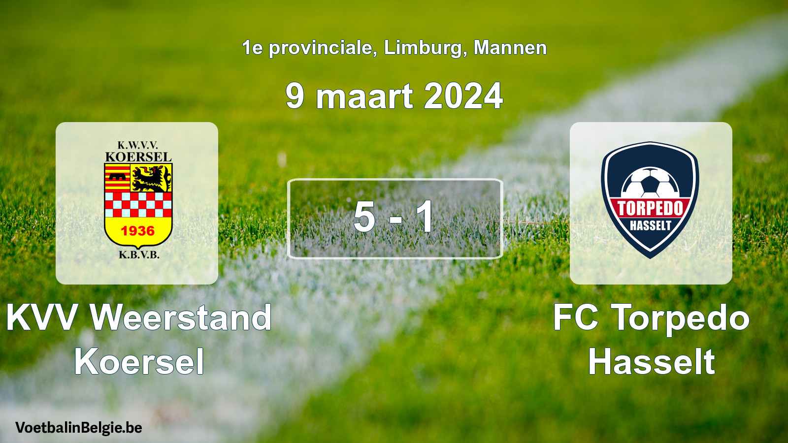 Gespeelde wedstrijd mannenvoetbal: KVV Weerstand Koersel - FC Torpedo Hasselt 5 - 1 (9 maart 2024)