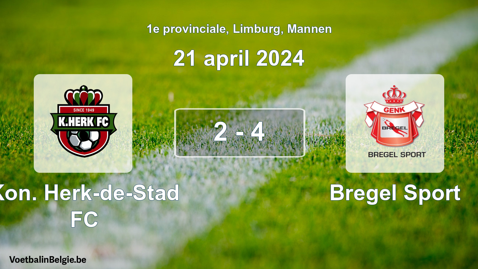 Gespeelde wedstrijd mannenvoetbal: Kon. Herk-de-Stad FC - Bregel Sport 2 - 4 (21 april 2024)