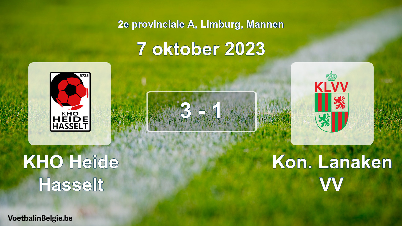 Gespeelde wedstrijd mannenvoetbal: KHO Heide Hasselt - Kon. Lanaken VV 3 - 1 (7 oktober 2023)