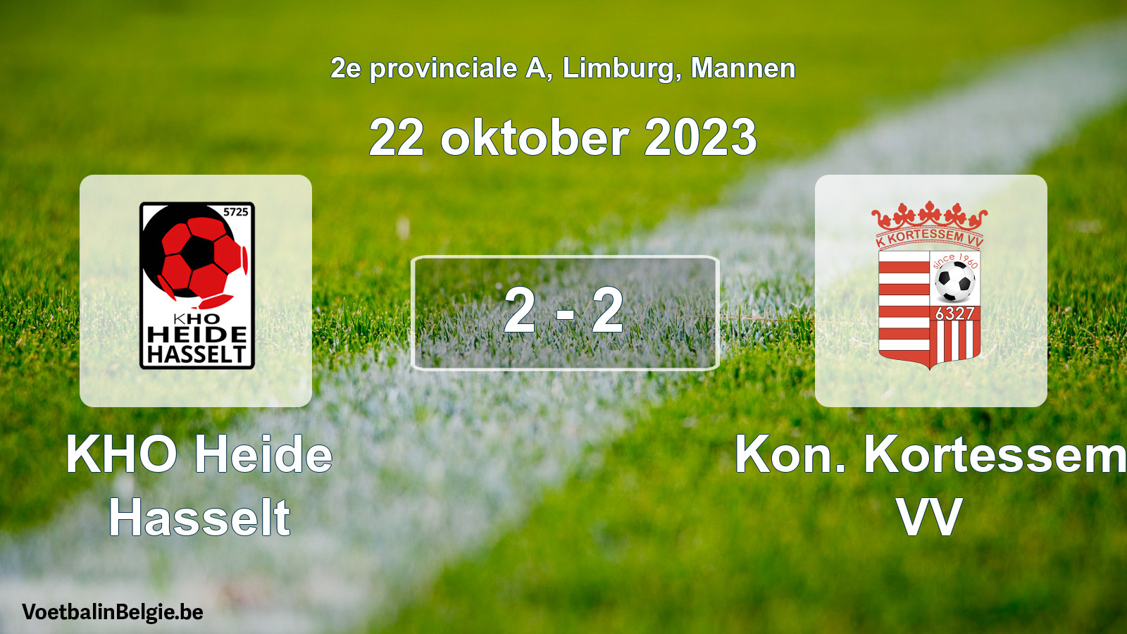 Gespeelde wedstrijd mannenvoetbal: KHO Heide Hasselt - Kon. Kortessem VV 2 - 2 (22 oktober 2023)