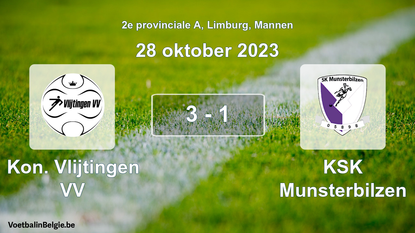 Gespeelde wedstrijd mannenvoetbal: Kon. Vlijtingen VV - KSK Munsterbilzen 3 - 1 (28 oktober 2023)