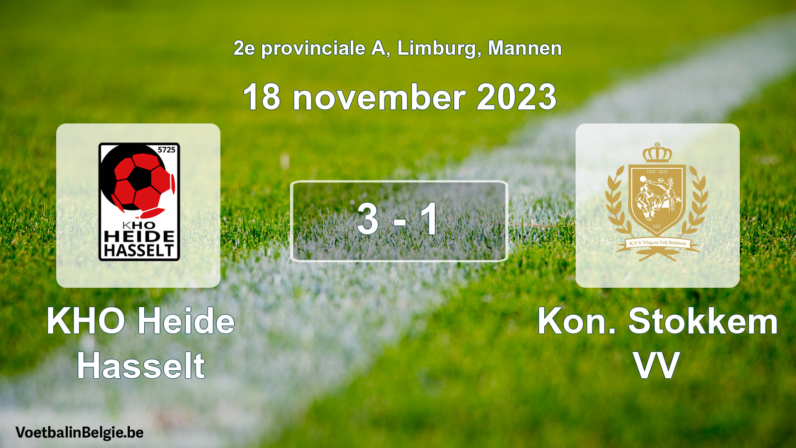 Gespeelde wedstrijd mannenvoetbal: KHO Heide Hasselt - Kon. Stokkem VV 3 - 1 (18 november 2023)
