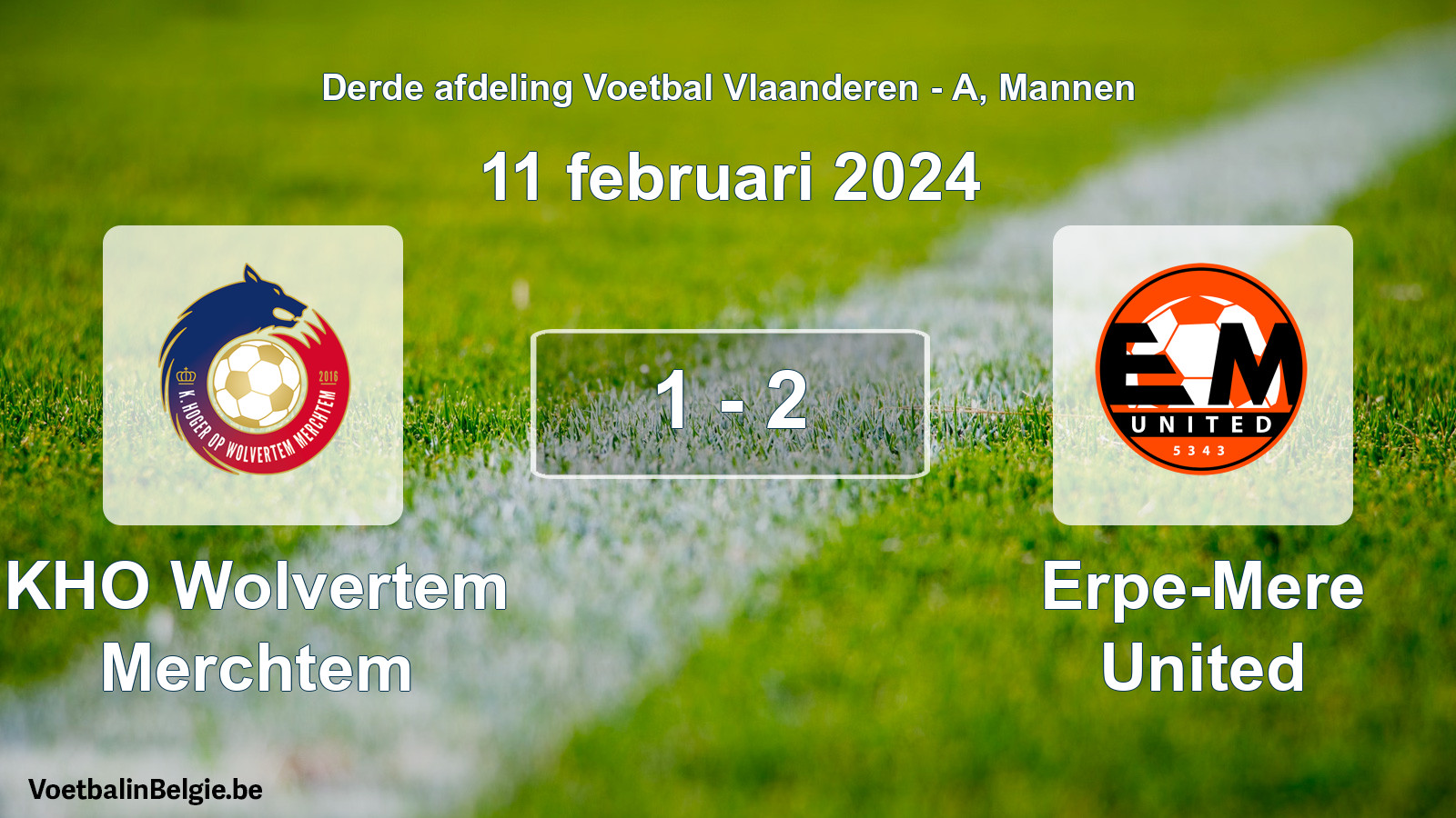 Gespeelde wedstrijd mannenvoetbal: KHO Wolvertem Merchtem - Erpe-Mere United 1 - 2 (11 februari 2024)