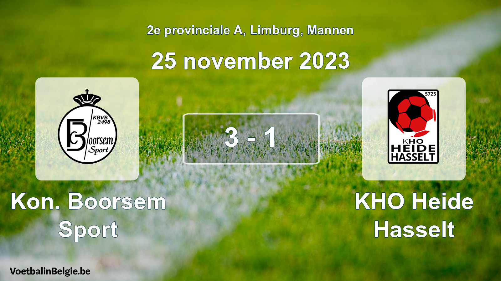 Gespeelde wedstrijd mannenvoetbal: Kon. Boorsem Sport - KHO Heide Hasselt 3 - 1 (25 november 2023)