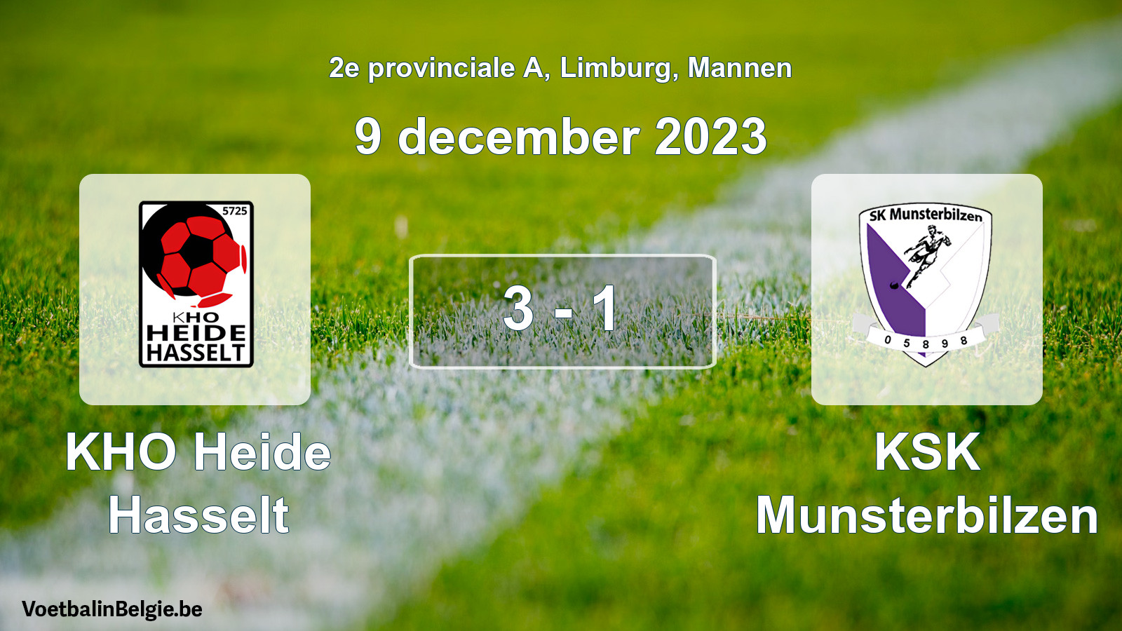 Gespeelde wedstrijd mannenvoetbal: KHO Heide Hasselt - KSK Munsterbilzen 3 - 1 (9 december 2023)